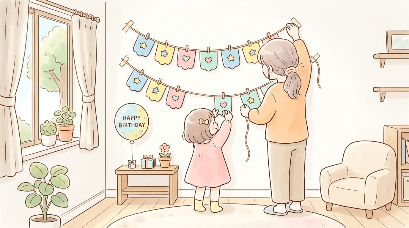 リビングの壁にカラフルな手作りガーランドを飾り付けている親子の後ろ姿、柔らかな自然光が差し込む温かい雰囲気