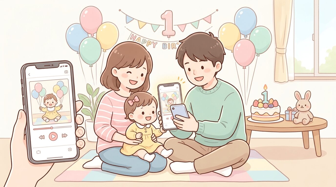 赤ちゃんの1歳の誕生日パーティーでスマートフォンの画面を家族で楽しそうに見る様子