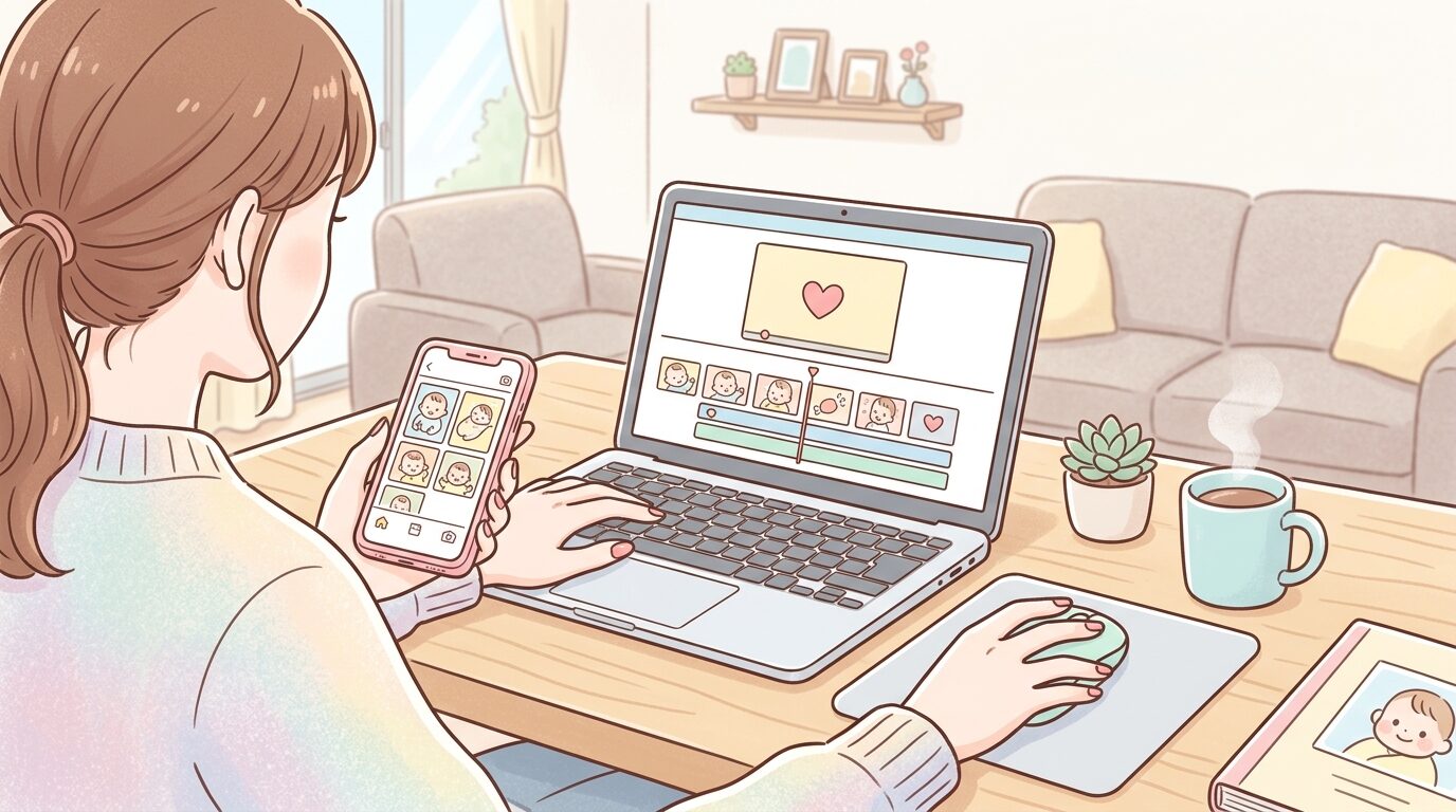 リビングでノートパソコンとスマートフォンを操作しながら動画編集をする20代女性の手元