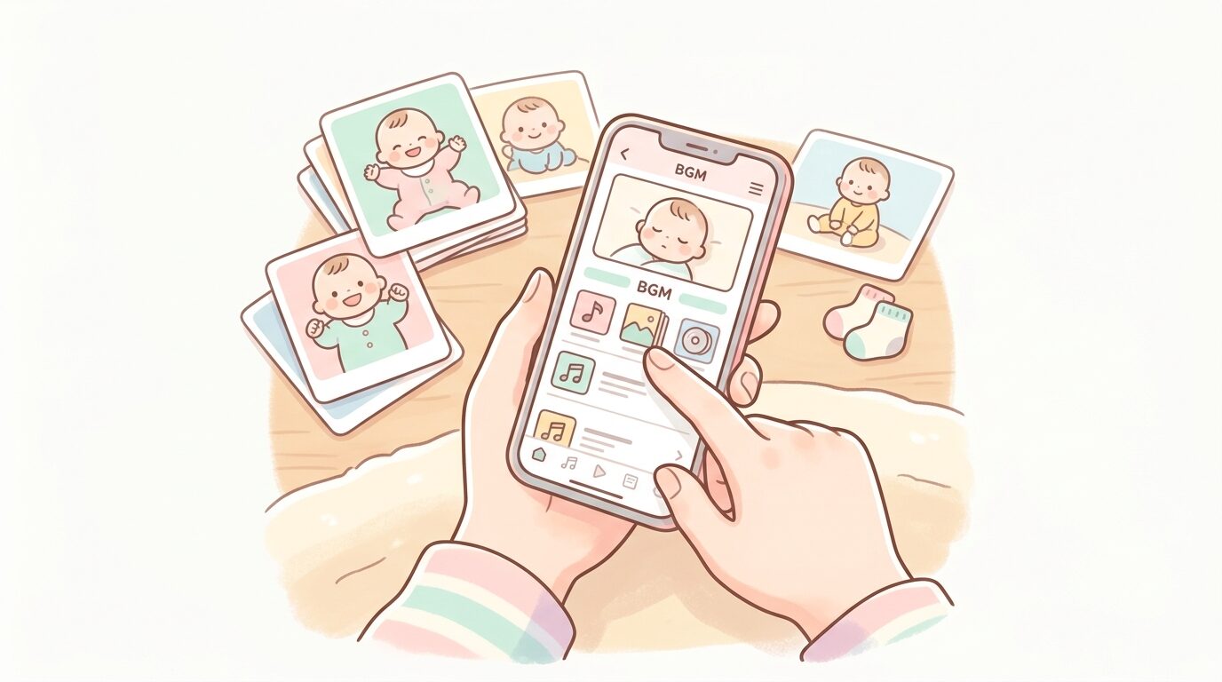 スマートフォンでBGMのライブラリ画面を選んでいる親の手元とかわいい赤ちゃんの写真素材