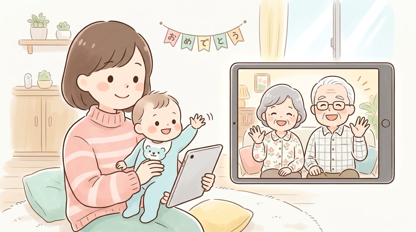 タブレット画面越しに笑顔で手を振る祖父母と、それに応える1歳の赤ちゃんを抱っこする母親