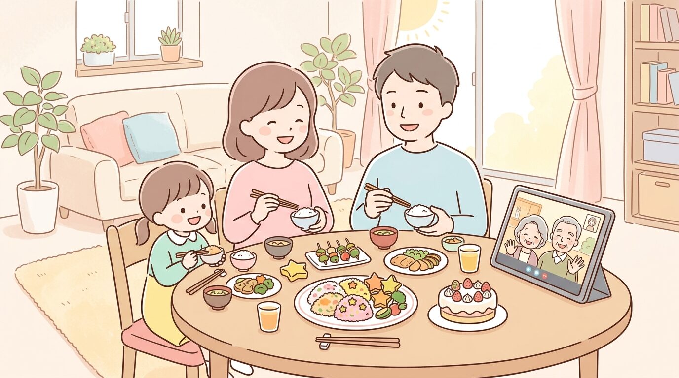 リビングでお祝いプレートとタブレットを並べ、家族で食事を楽しむ様子