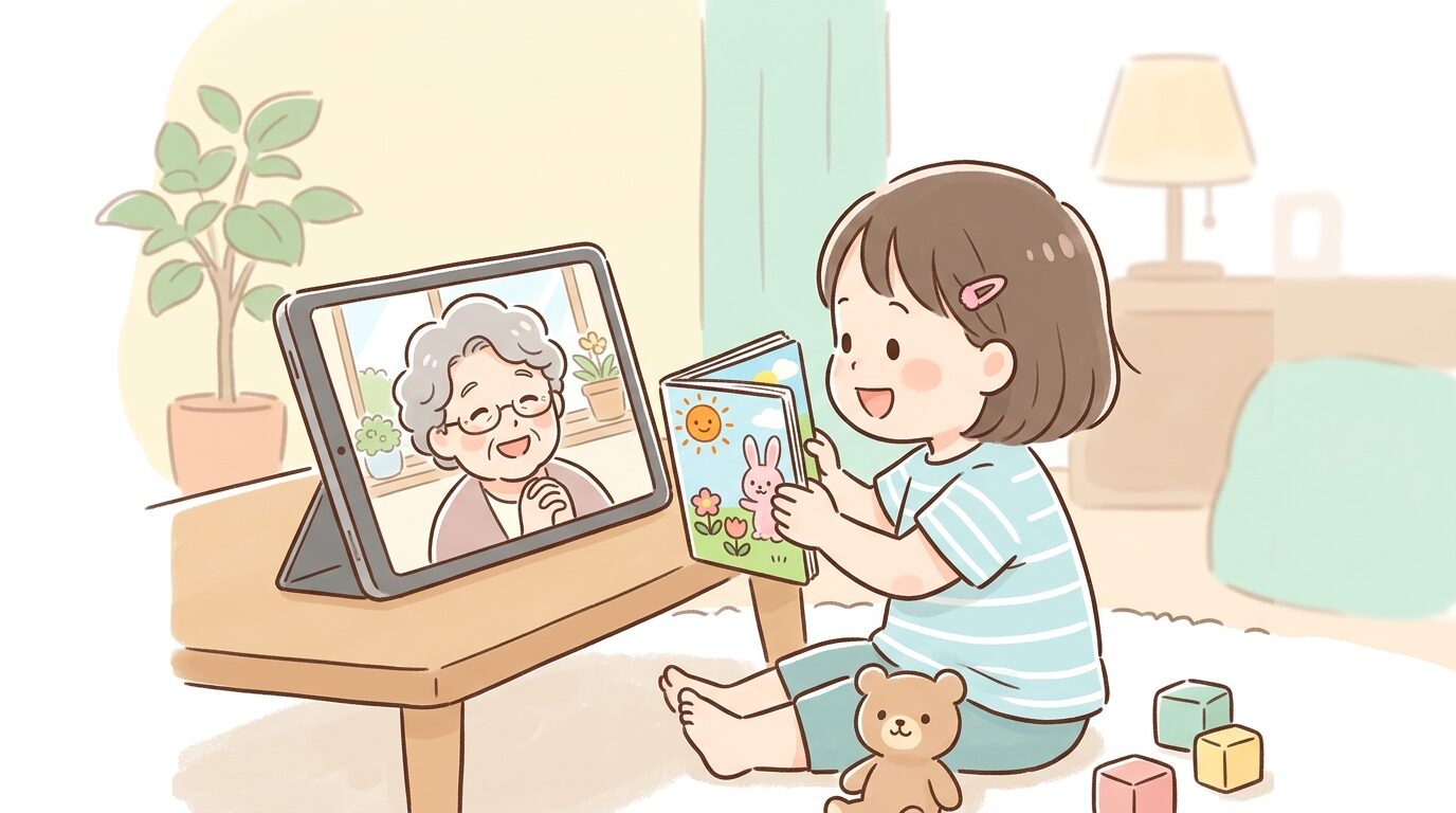 画面越しに絵本やおもちゃを見せる幼児と、嬉しそうに見守る祖母のクローズアップ