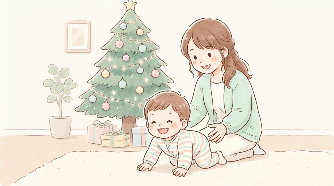 リビングのクリスマスツリーの前で笑いながらハイハイする1歳児と見守る母親の温かい雰囲気の写真