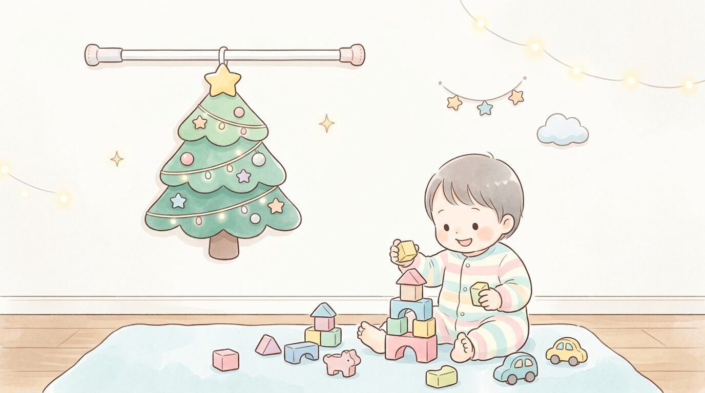 壁に取り付けられた安全な突っ張り棒式のミニクリスマスツリーと、その下で積み木遊びをする2歳児