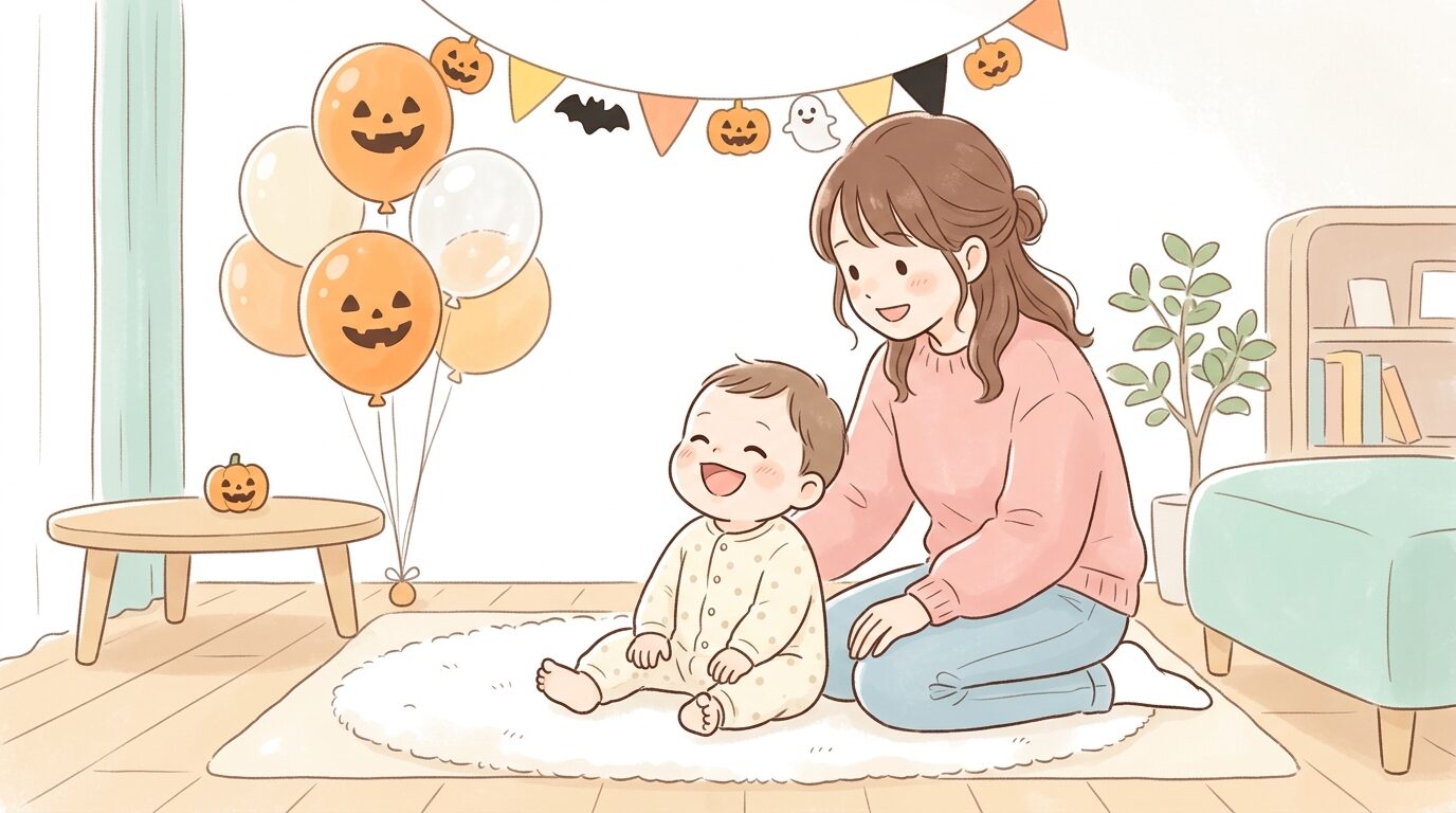 リビングでオレンジ色の風船やガーランドを見て笑う0歳児の赤ちゃんと、それを優しく見守る母親
