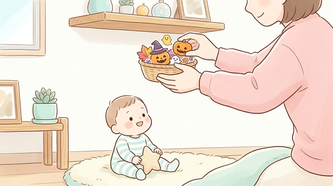 ハロウィンの小さな飾りやシールを赤ちゃんの手が届かない棚の高い位置に片付けている親の手元