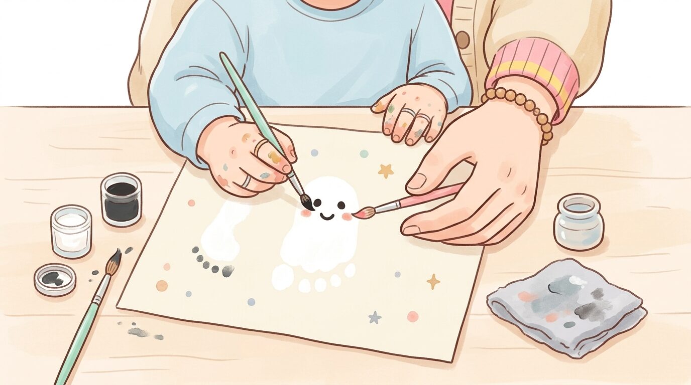 白い絵の具で足形をとり、画用紙にお化けのイラストを完成させている親子の手元アップ