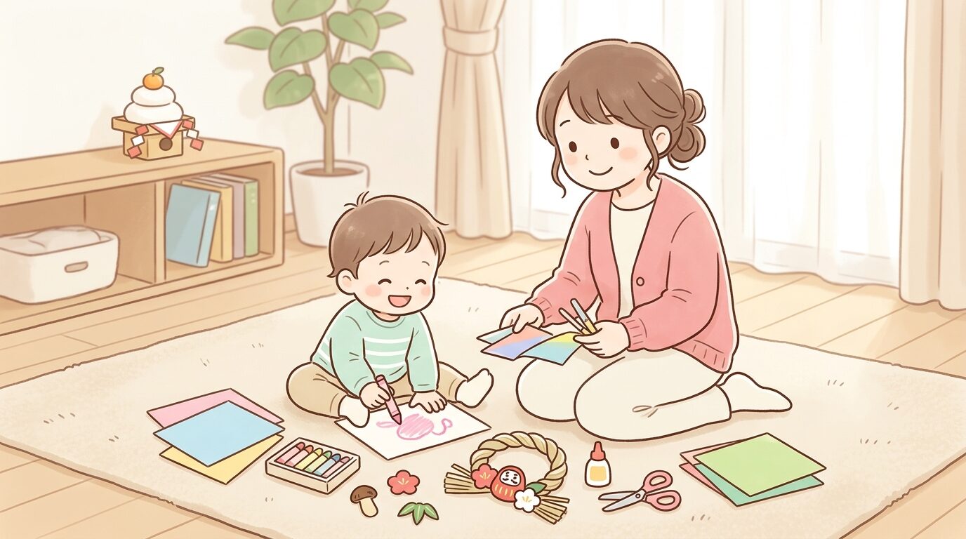 リビングの床に座り、色画用紙やクレヨンを広げて親子で工作を楽しむ1歳児と母親の様子