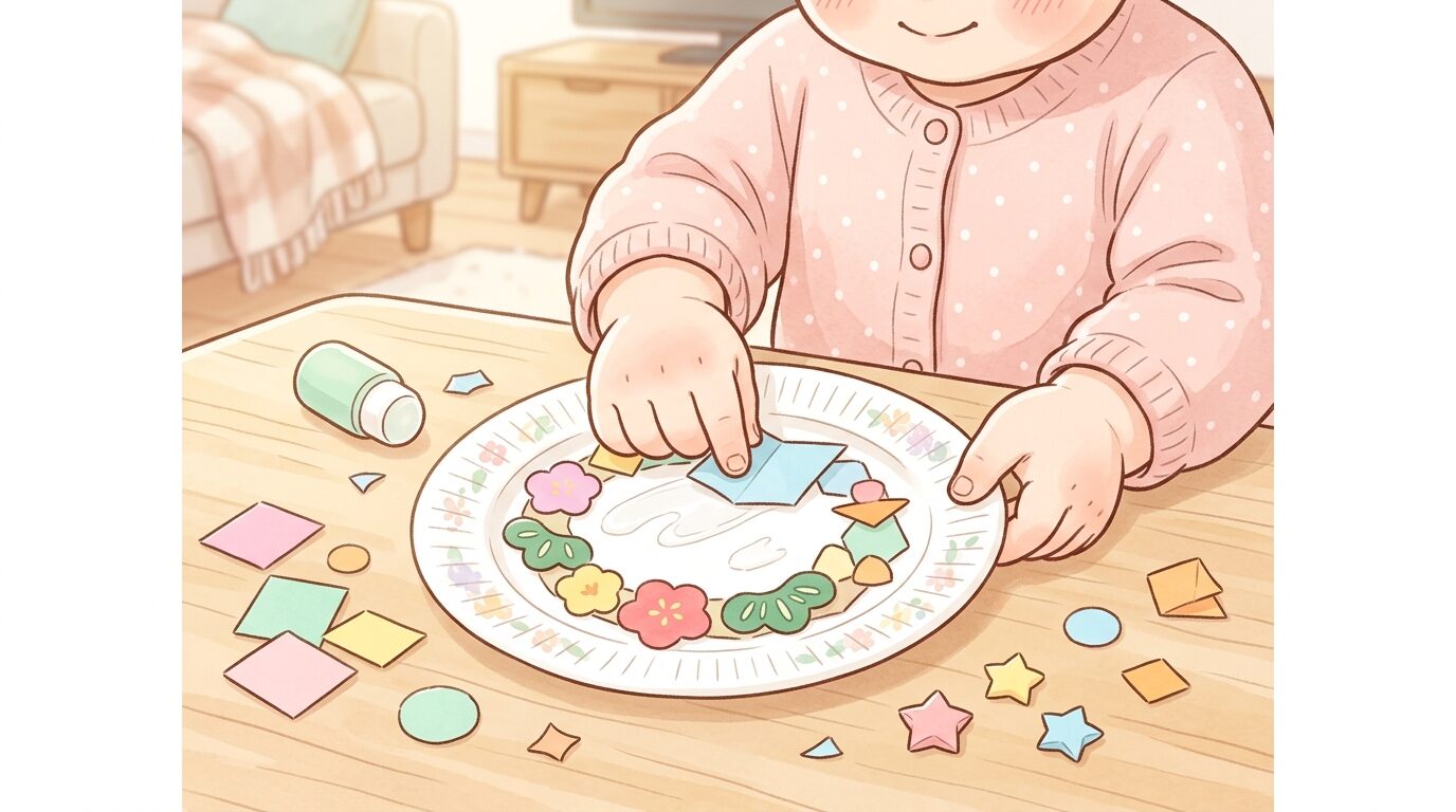 紙皿に折り紙をのりで貼り付けてリースを作る2歳児の手元アップ