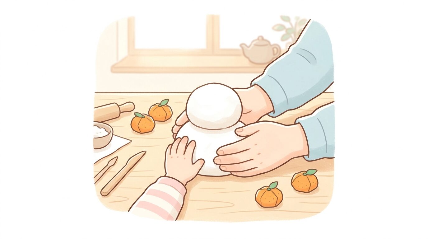 テーブルの上で白い紙粘土を丸めて鏡餅を作る親子の手元、周りに折り紙のみかんが置かれている様子