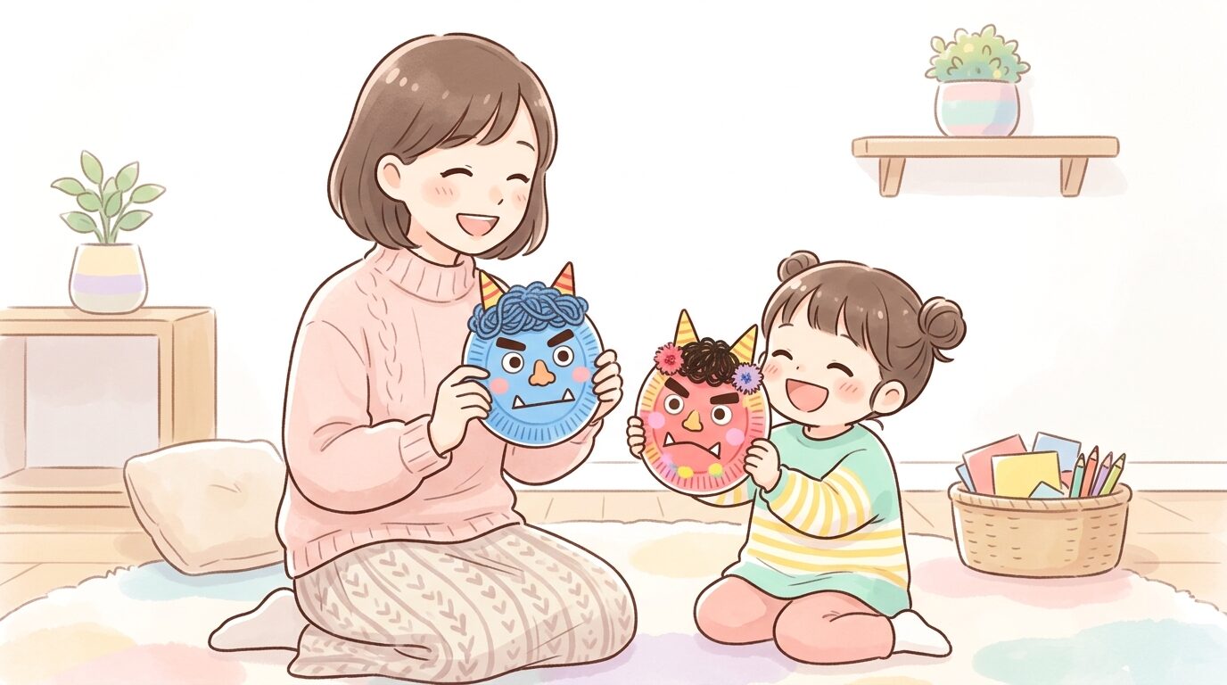 リビングで紙皿の鬼のお面を見せ合いながら笑う親子の様子