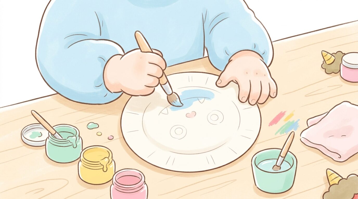 紙皿に絵の具で色を塗る2歳くらいの子どもの手元アップ