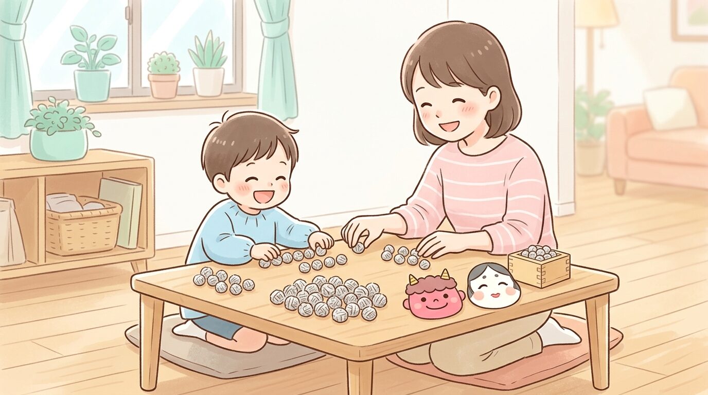 新聞紙で作った豆を並べて豆まきの準備をする親子