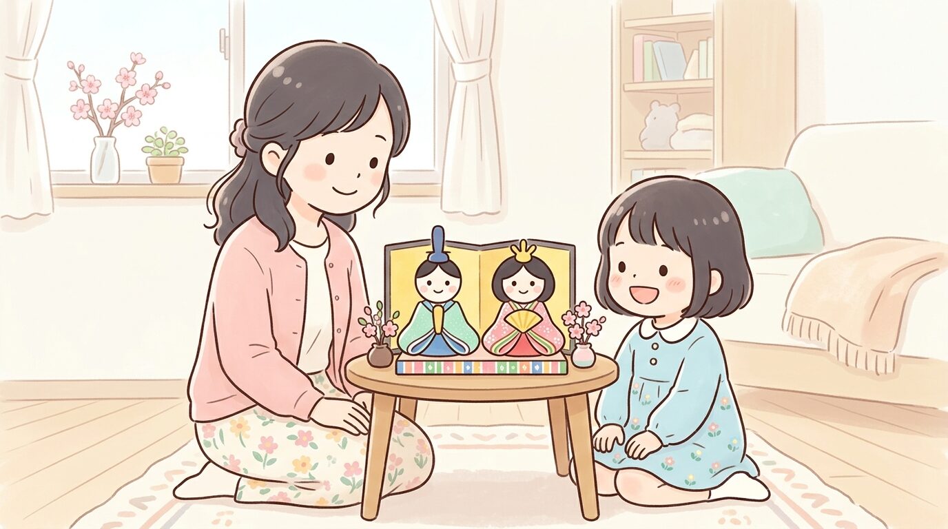 春らしい部屋で親子が並んで紙コップの雛人形を見つめる温かい雰囲気の写真