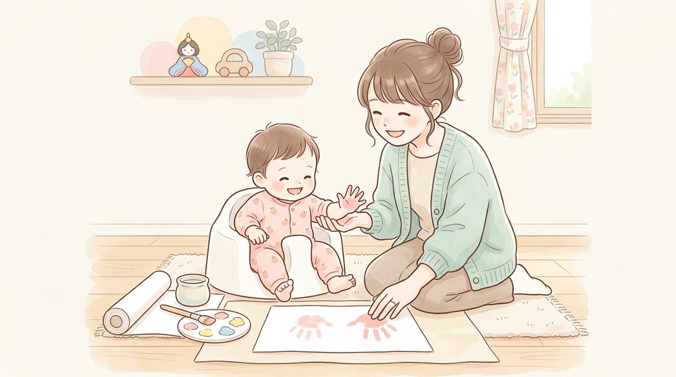 赤ちゃんの小さな手に絵の具をつけて紙に手形を押している親子の様子