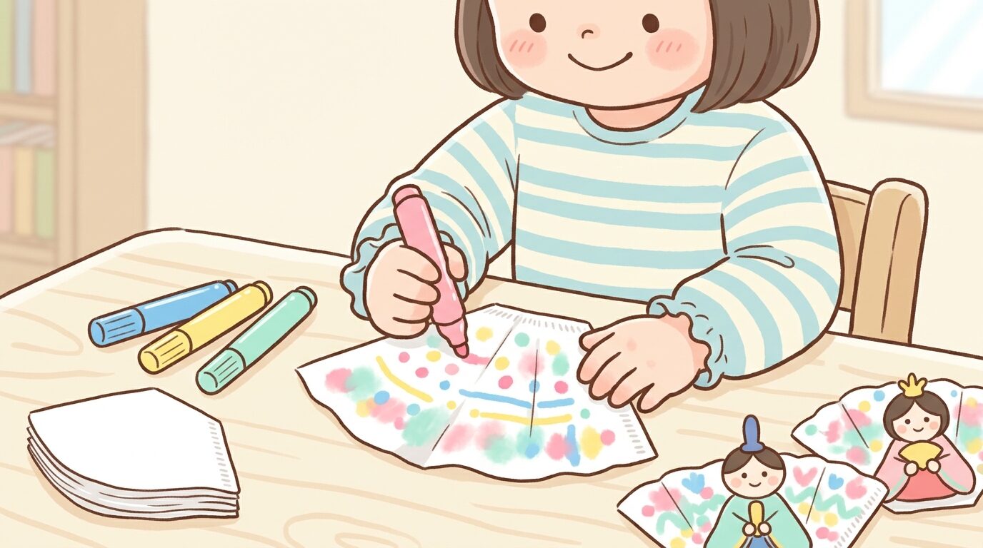コーヒーフィルターに水性ペンで模様を描く3歳くらいの子どもの手元