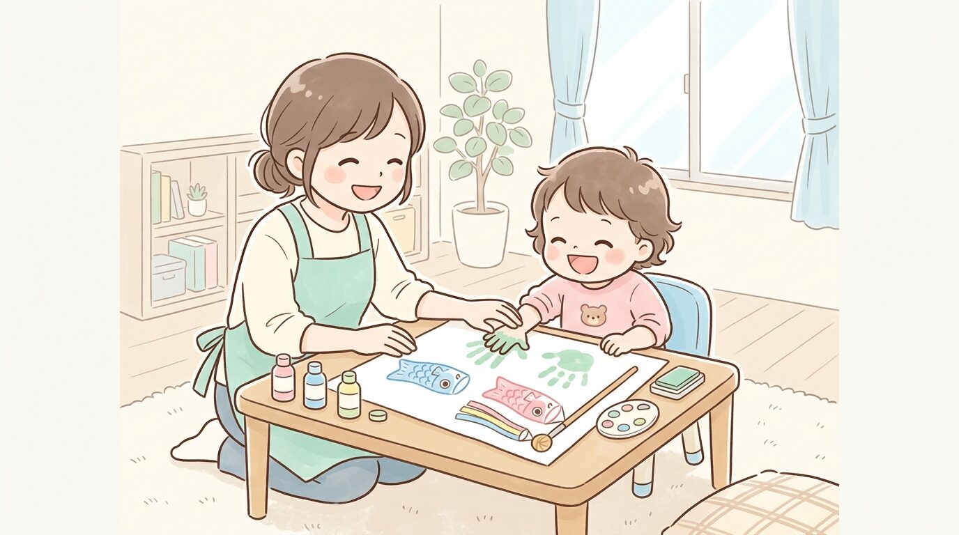 リビングで母親と一緒に手形スタンプを楽しむ1歳児の笑顔