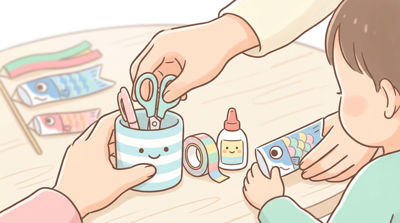 工作道具を安全に片付けながら子どもを見守る保護者の手元