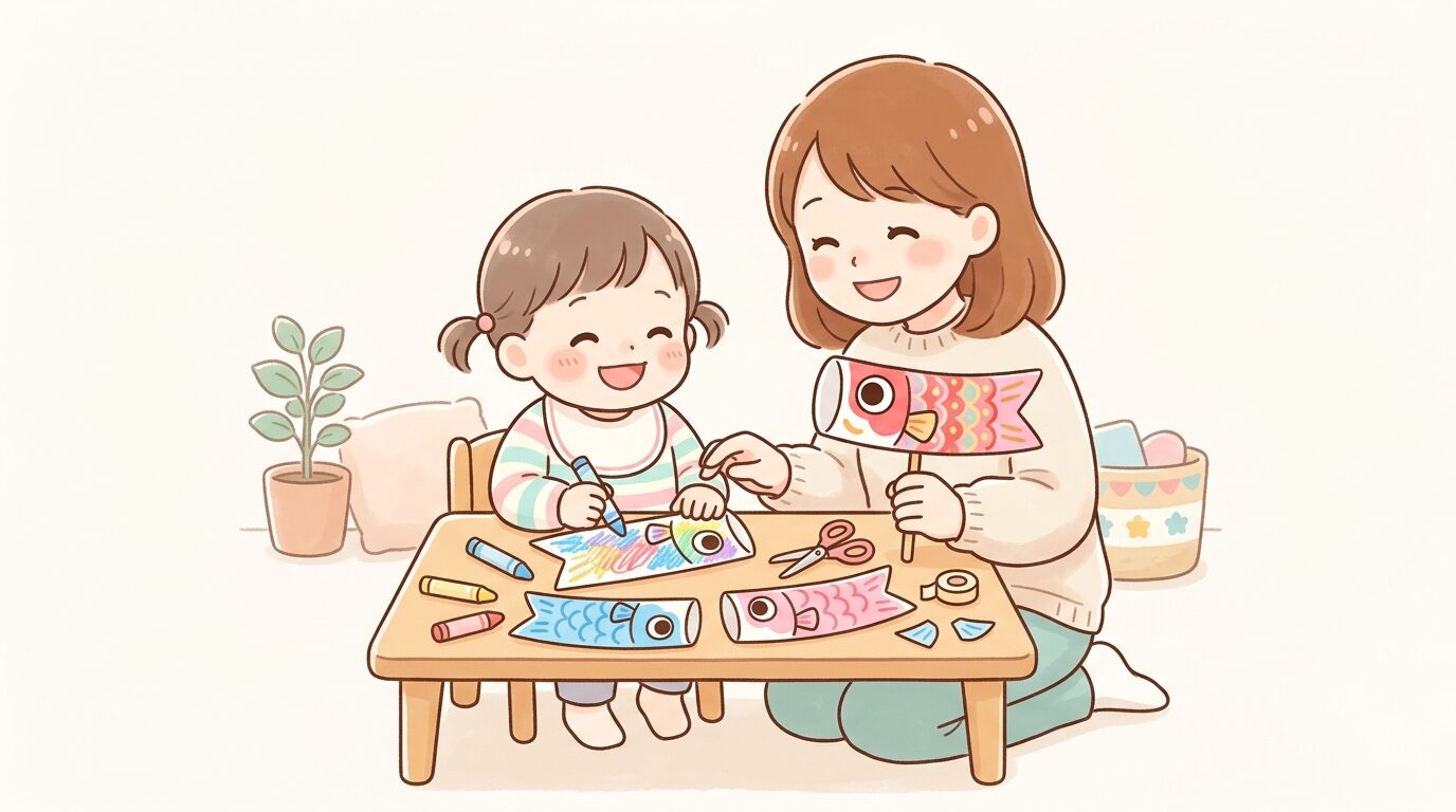 紙皿とクレヨンでこいのぼり工作に取り組む2歳児と保護者