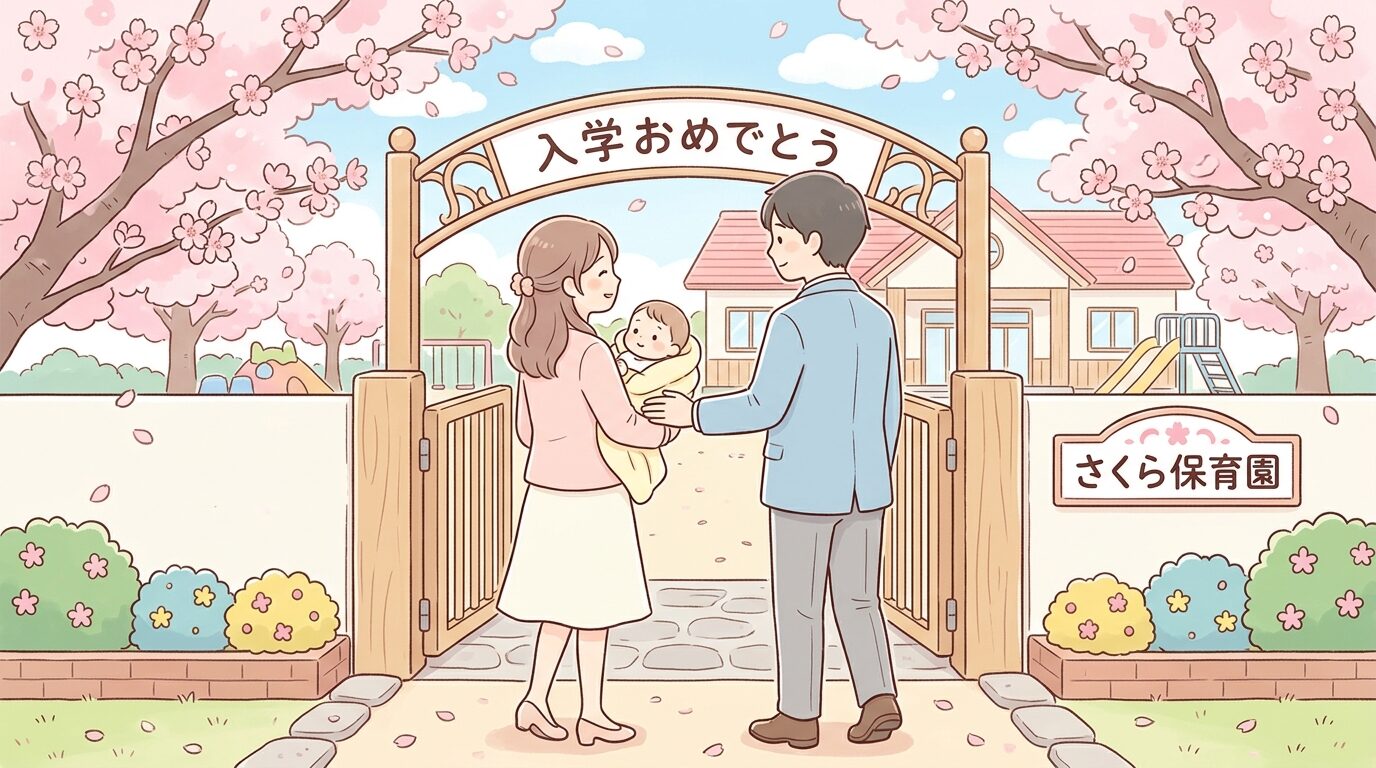 桜が咲く保育園の門の前で、赤ちゃんを抱っこして微笑む母親と父親の後ろ姿