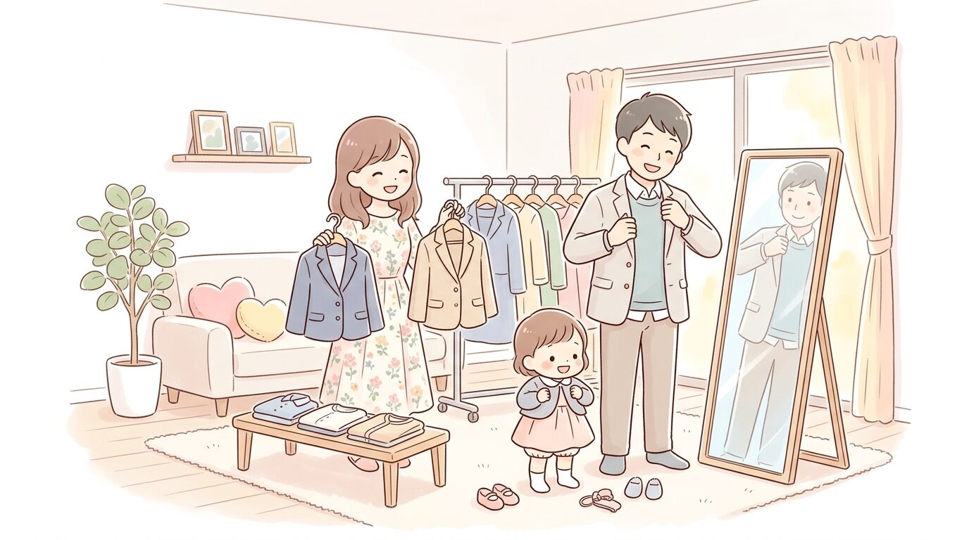 リビングでスーツとワンピースを着比べながらコーディネートを選ぶ夫婦と幼児