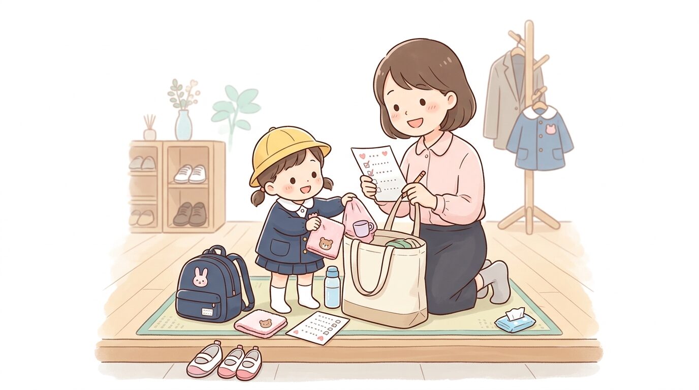 玄関で入園式用の持ち物リストを確認しながらバッグに荷物を詰める母親と子ども