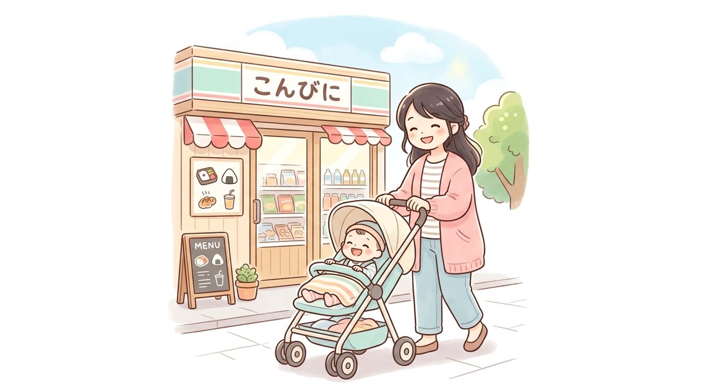 ベビーカーを押しながらコンビニの前で微笑む30代の母親と赤ちゃん