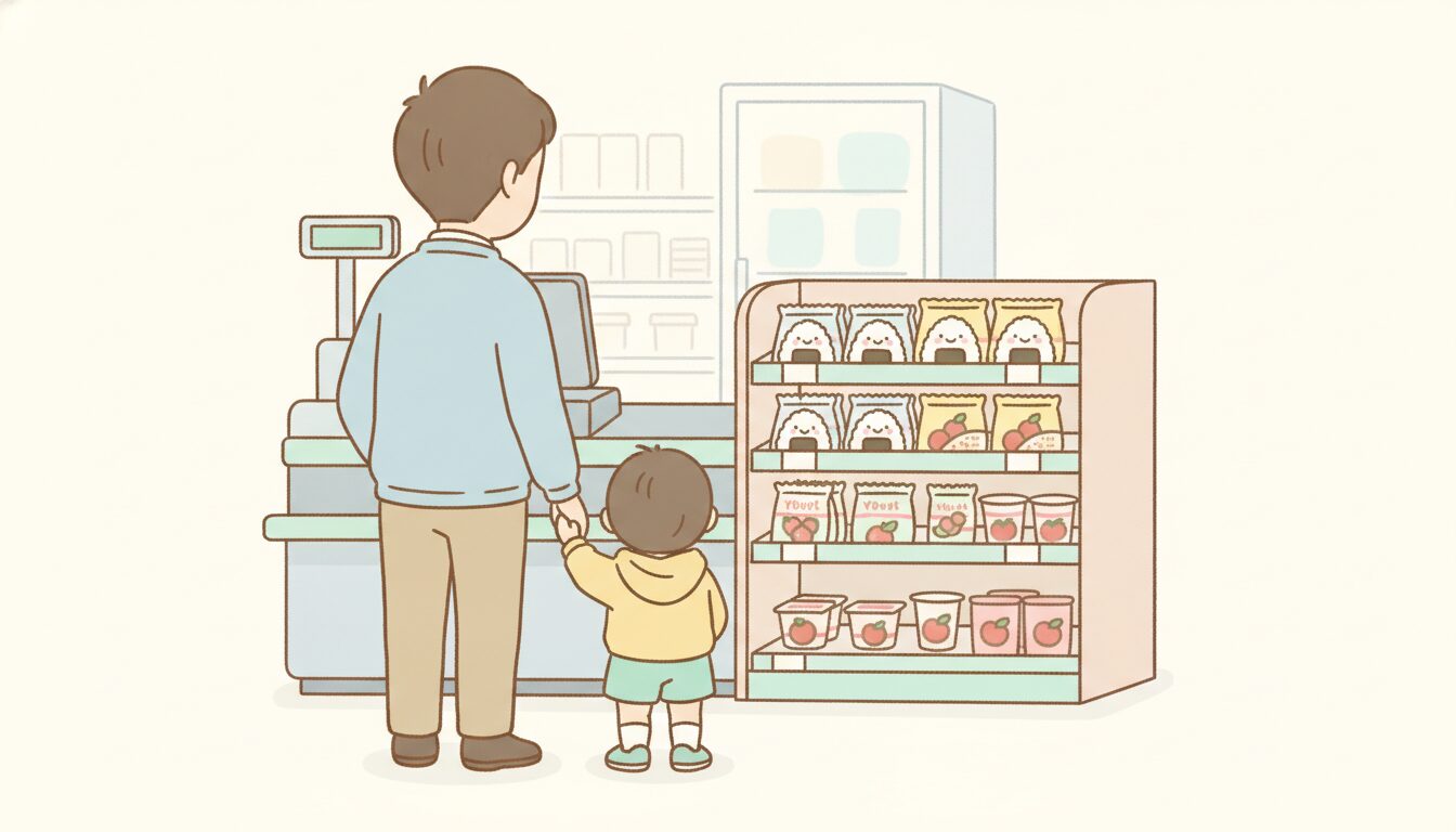 コンビニのレジ前でおにぎりやヨーグルトを選ぶ父親と幼児の後ろ姿