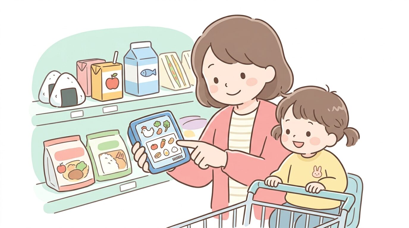 コンビニの商品パッケージの原材料表示を指差しながら確認する母親の手元