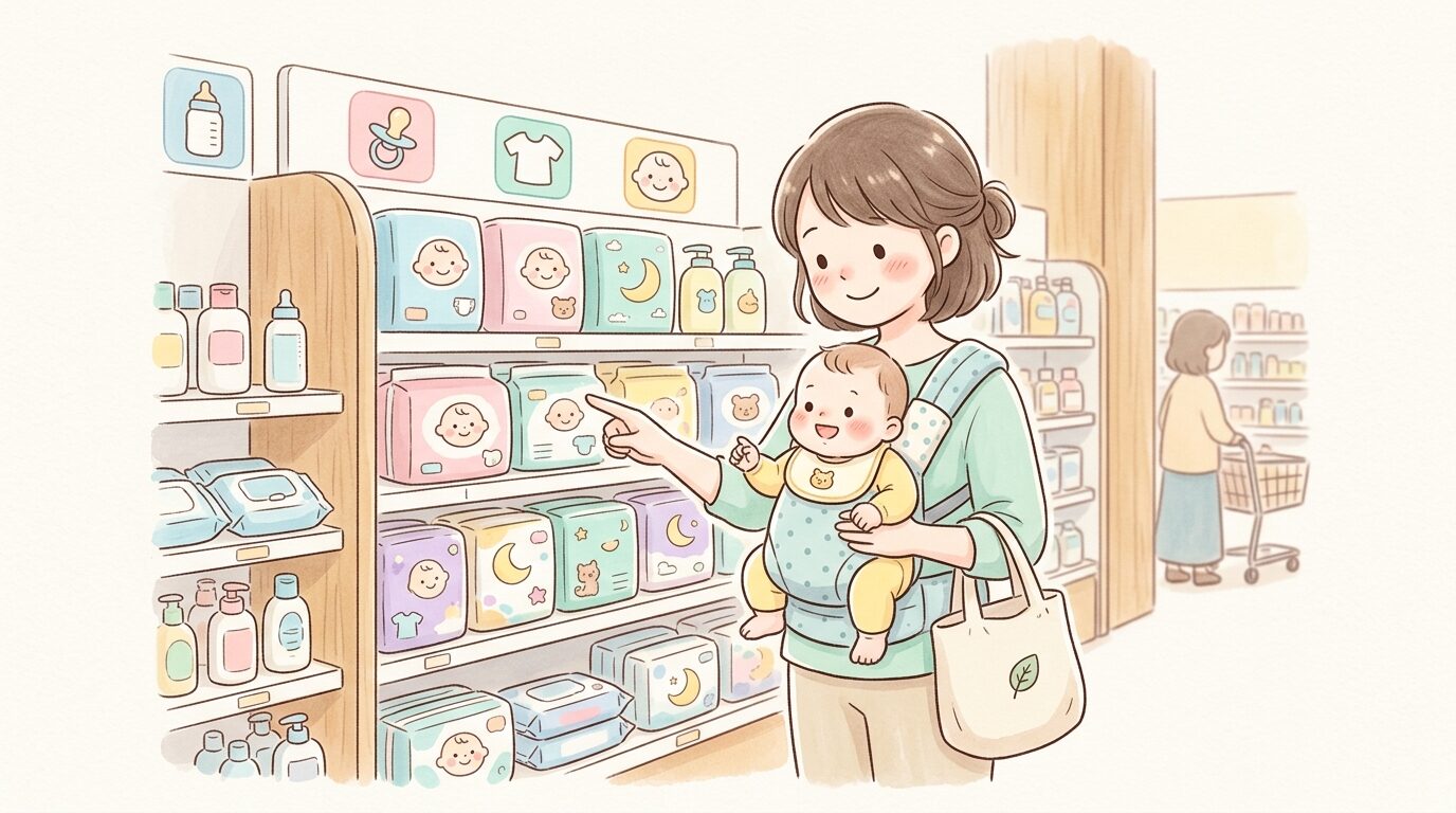 ドラッグストアのベビー用品売り場でおむつを選ぶ若い母親と抱っこされた赤ちゃん