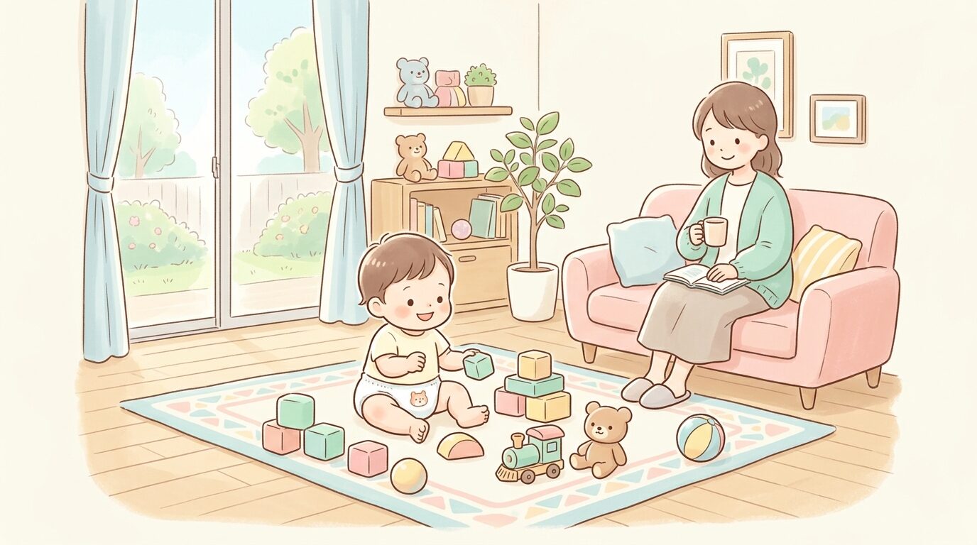 リビングでトレーニングパンツを履いた1歳児がおもちゃで遊んでいる明るい家庭の様子