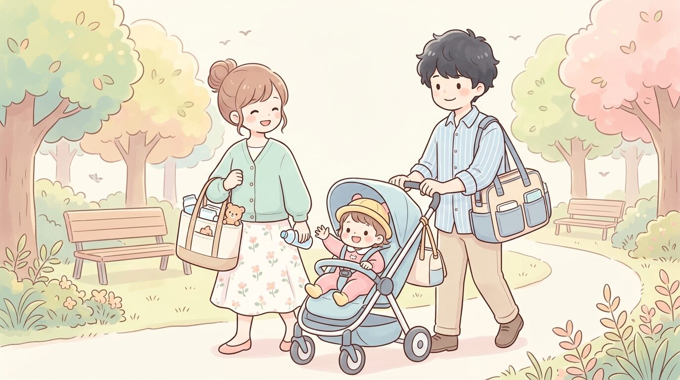公園でベビーカーを押しながら外出用グッズが入ったバッグを持つ両親と幼児
