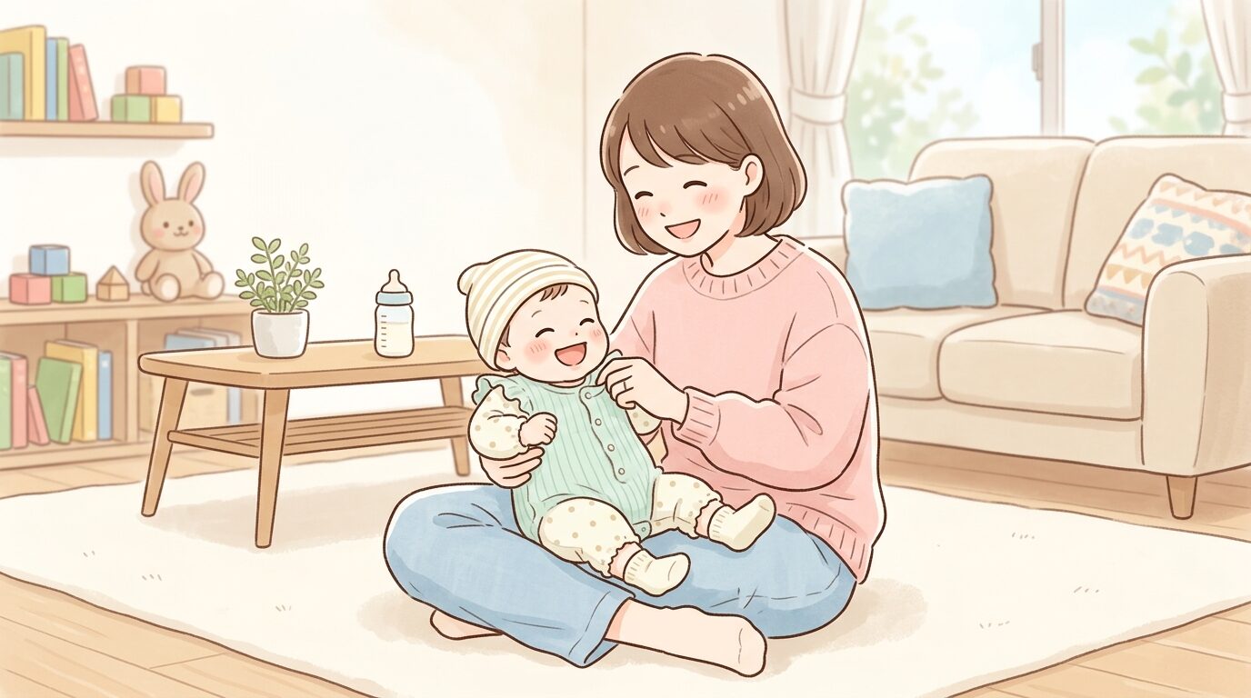 赤ちゃんに柔らかいベビー服を着せる笑顔の母親、明るいリビングの雰囲気