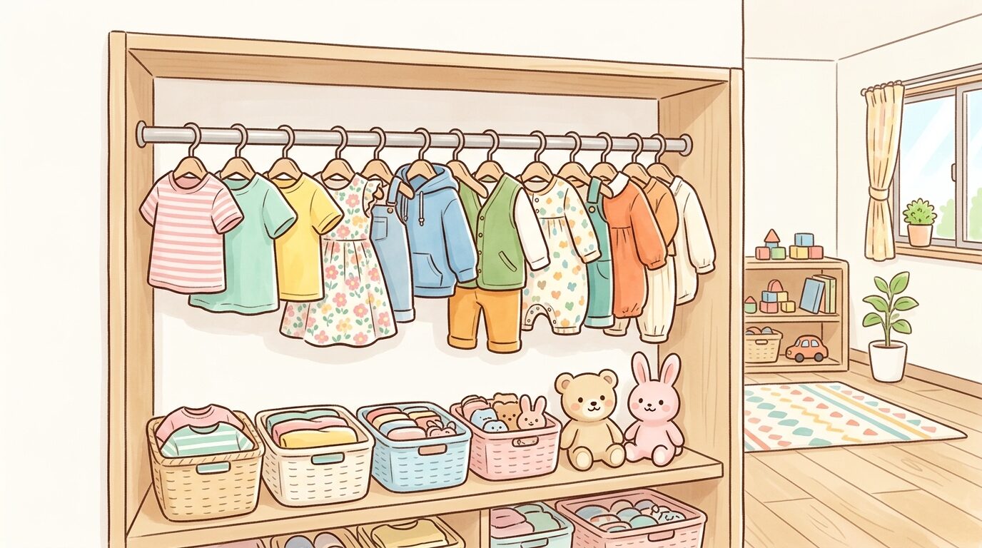 カラフルな子供服がハンガーにかけられたクローゼットの棚、整理整頓された明るい子供部屋