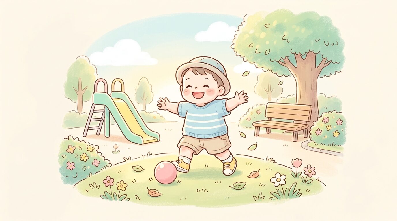 しまむらの子供服を着た幼児が公園で楽しそうに遊んでいる様子、あたたかい午後の光
