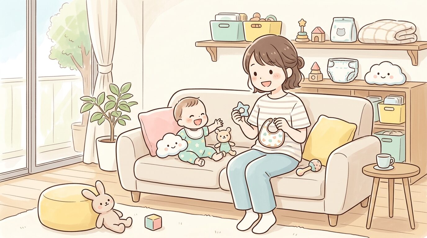 明るいリビングで3COINSのベビーグッズを手に取って笑顔を見せる20代の母親と赤ちゃん
