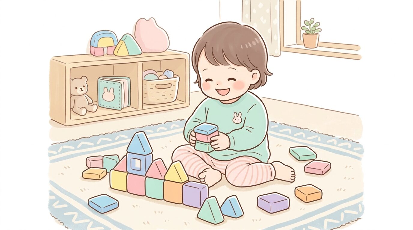 カーペットの上でマグネットブロックのおもちゃに夢中になる1歳半の子ども