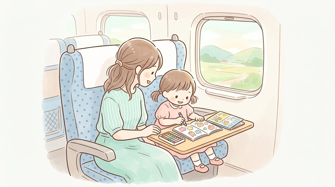 新幹線の座席で子ども用のお絵描きグッズを広げて遊ぶ親子の後ろ姿