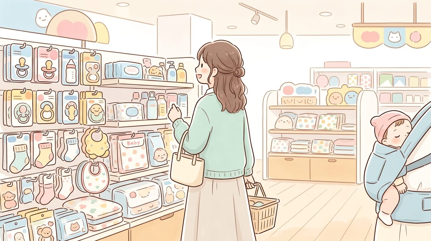 明るい100円ショップの店内で赤ちゃん用品コーナーを見ている若い母親の後ろ姿
