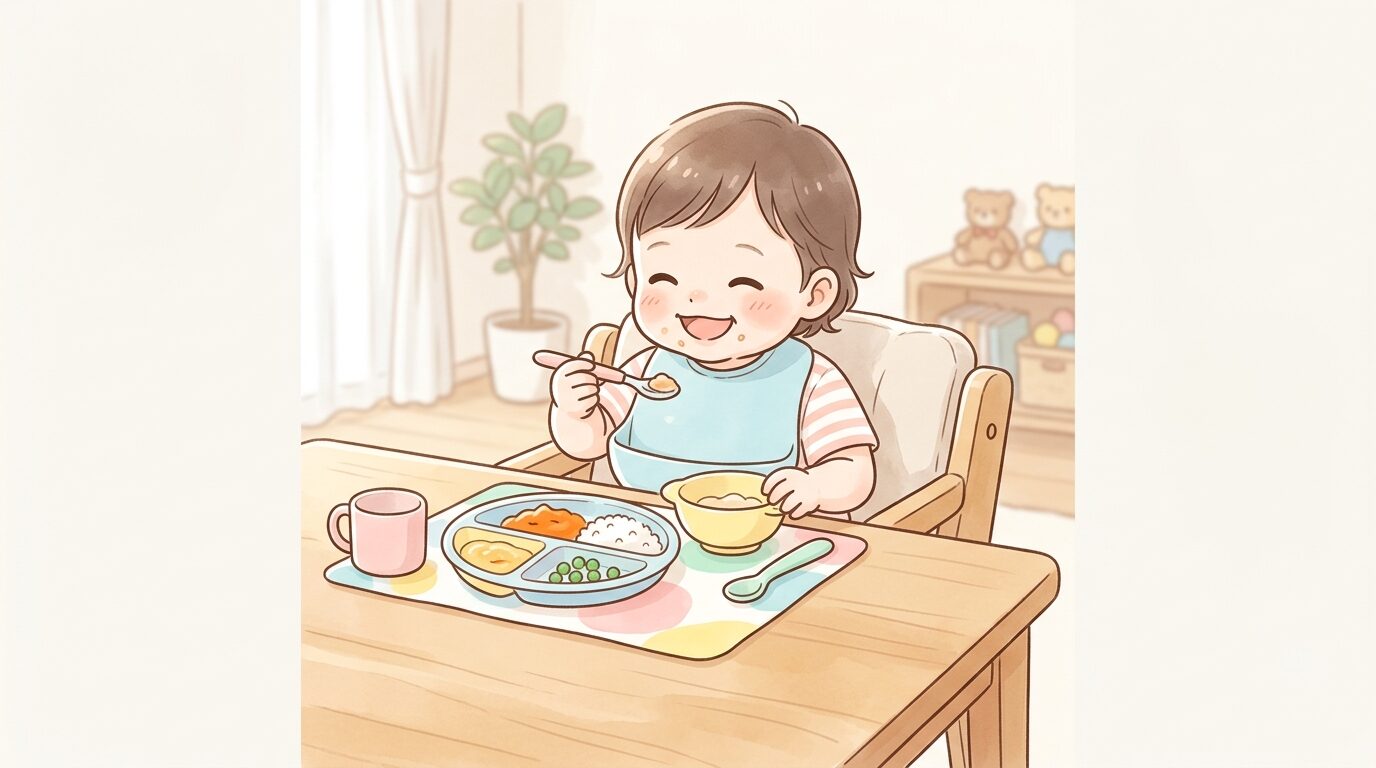 ダイニングテーブルでカラフルなベビー食器を使い離乳食を食べる1歳前後の赤ちゃん