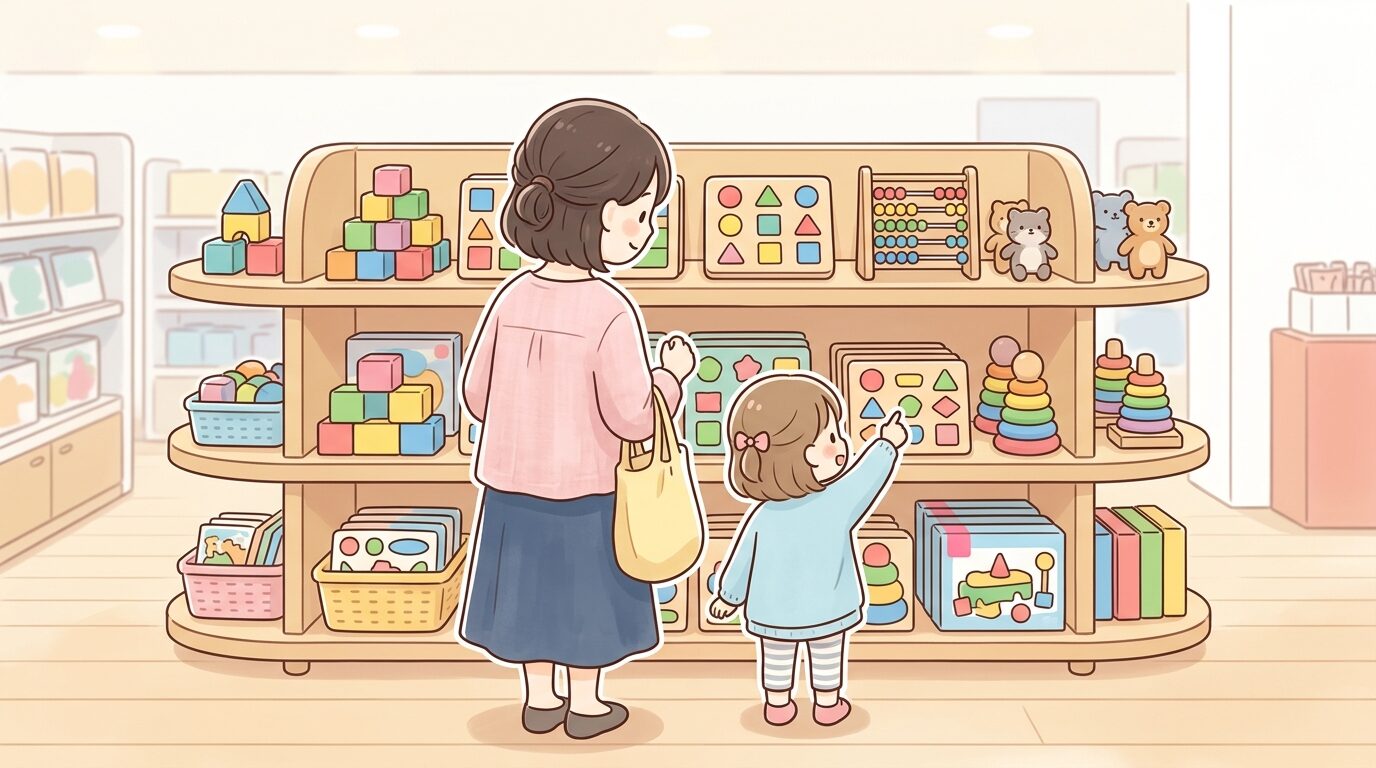 ダイソー店内の知育玩具コーナーで商品棚を眺める親子の後ろ姿