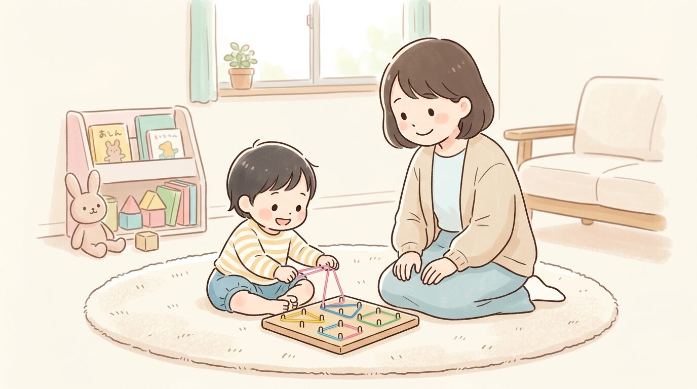 リビングのラグの上でジオボードの輪ゴムを引っかけて遊ぶ2歳児と見守る母親