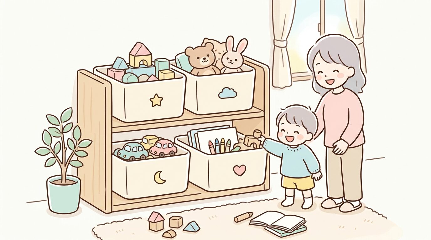 リビングの棚にセリアの収納ボックスを並べておもちゃを整理する様子、明るく温かみのある部屋の雰囲気