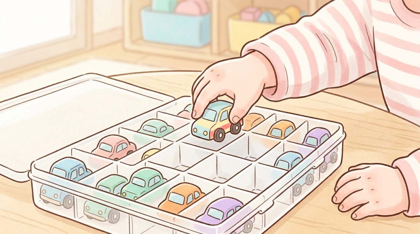 子どもが自分でセリアの仕切りケースにミニカーを一台ずつ並べて片付けている手元のクローズアップ