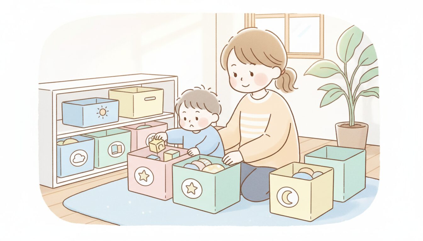 セリアの収納ボックスにひらがなと絵のラベルを貼り、親子で一緒に整理整頓をしている温かい家庭の様子