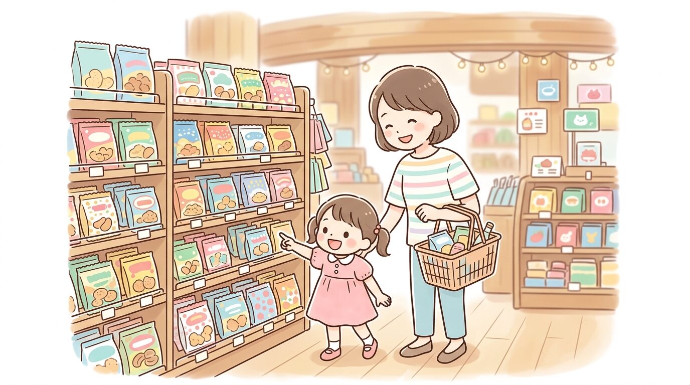 カルディの店内で親子が楽しそうにお菓子コーナーを見ている様子、カラフルなパッケージが並ぶ棚