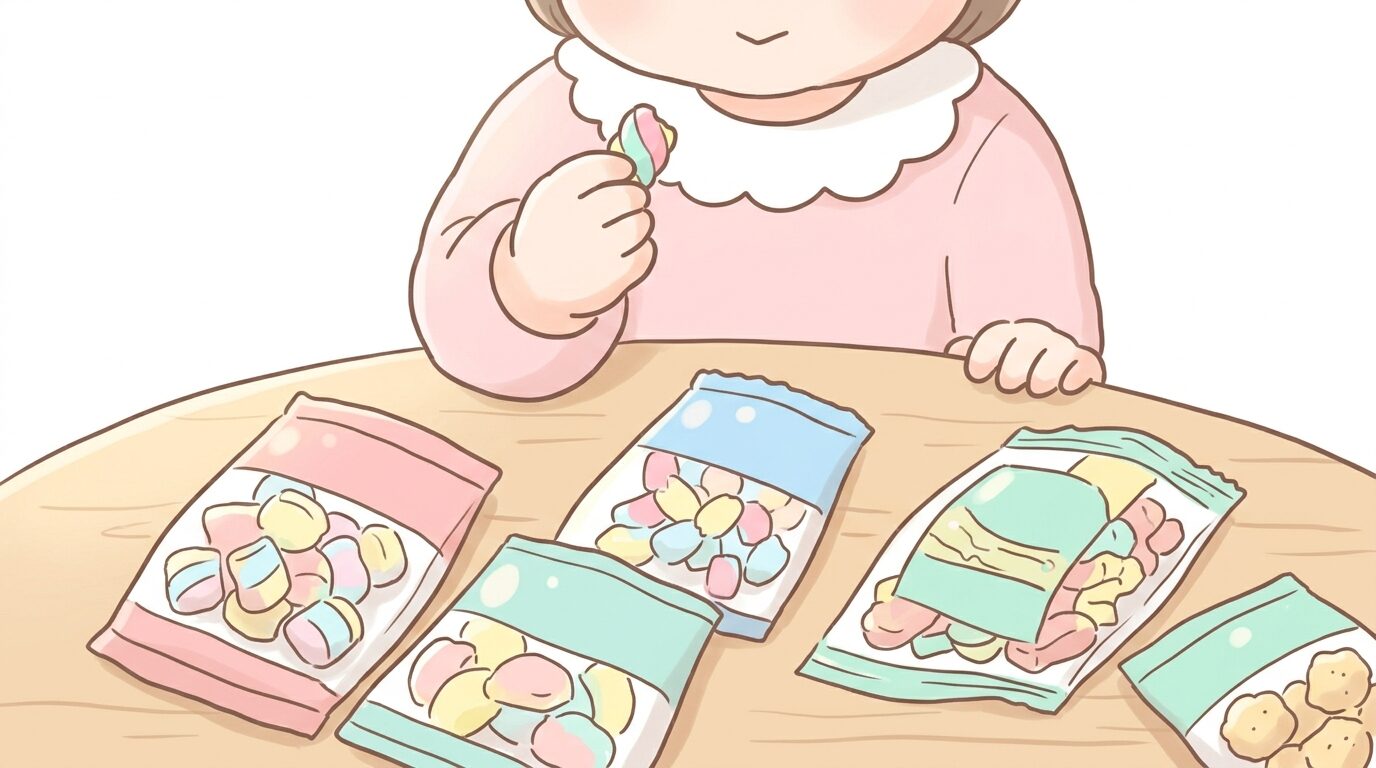 木製テーブルの上に並んだカルディのおやつと、小さな手でお菓子を持つ子どものクローズアップ