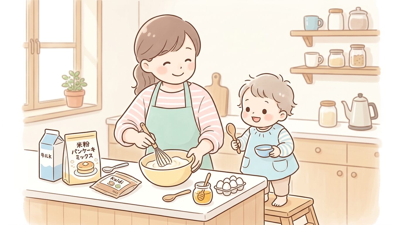 キッチンで米粉パンケーキミックスを混ぜる親と、隣で見守る幼児の温かい日常シーン