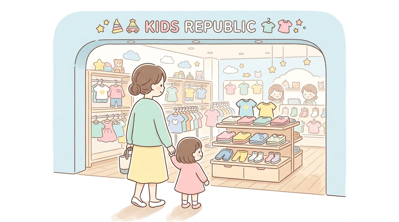 イオンモール内のキッズリパブリック店舗入口で子ども服を眺める親子の後ろ姿